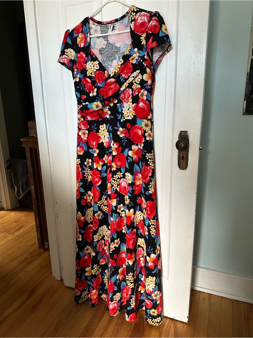 Hamilton Made - Floral V-Neck Maxi a-line Dress in Black with Red Floral